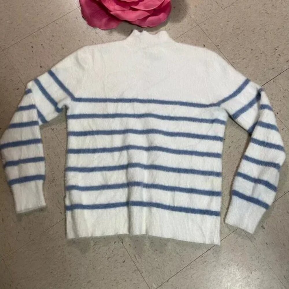 BAILEY 44 Fuzzy Striped‎ Eyelash Knit Sweater White/Blue Stretch